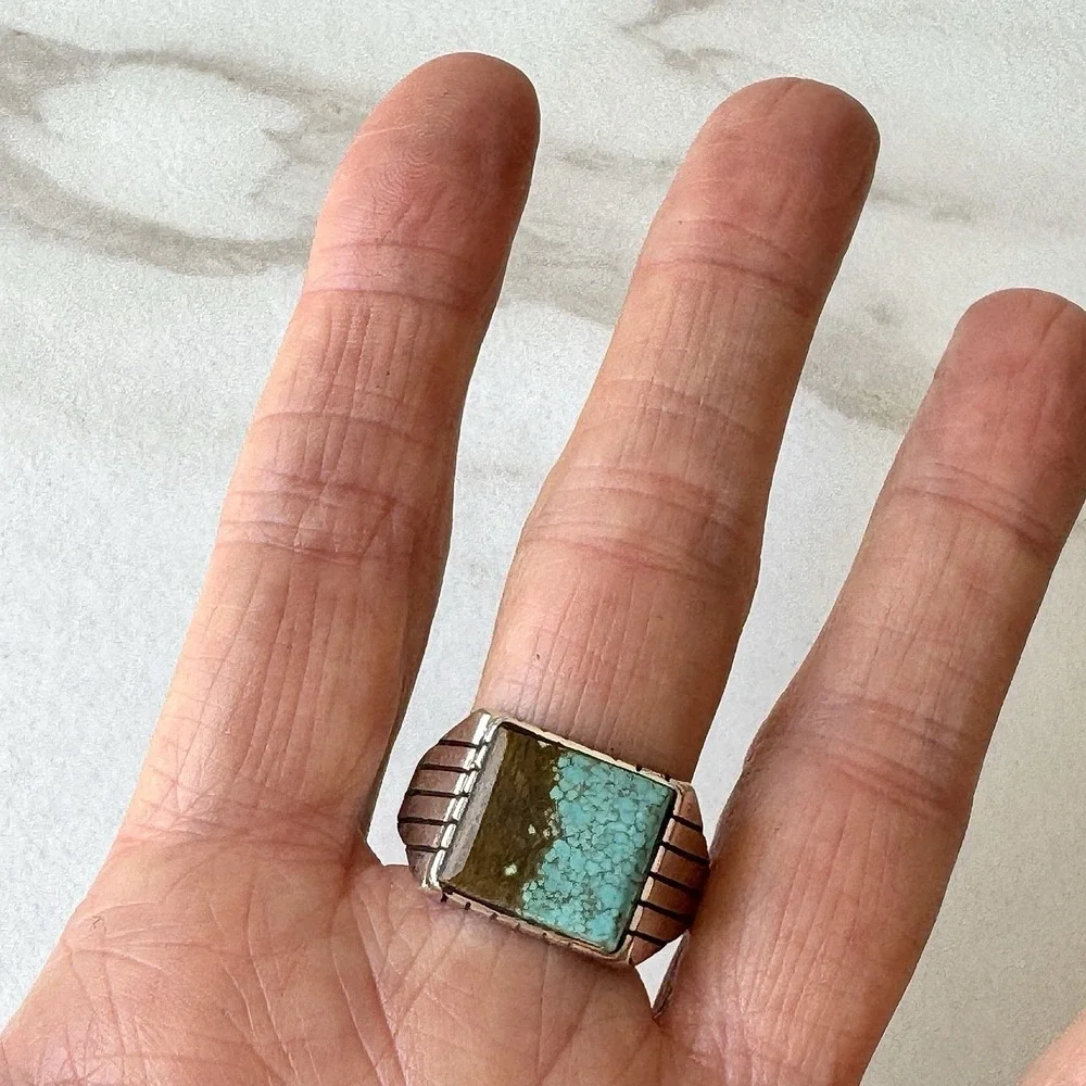 Navajo Turquoise Mens Ring Sz 12.5 Rectangle Signed Jack Sterling 14mm